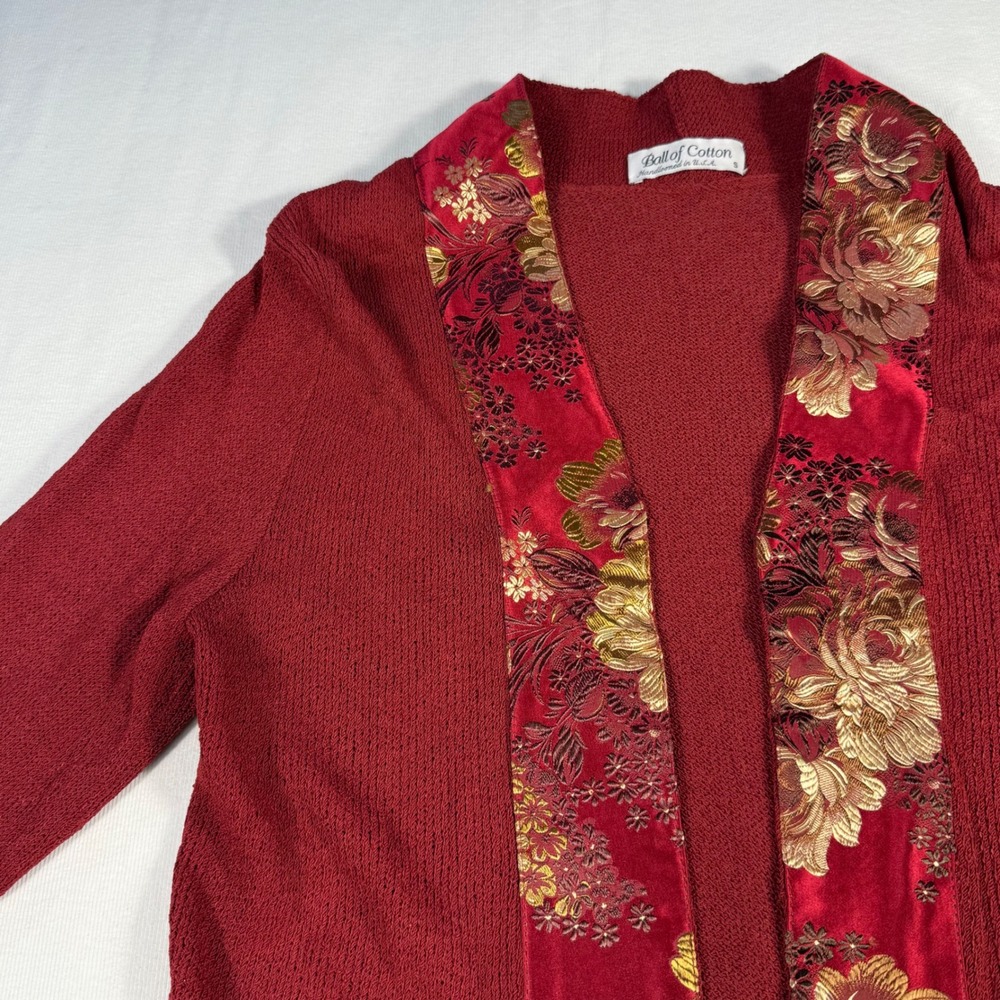 Ball of Cotton Red Textured Knit Cardigan with Floral Brocade Trim Women's S - Picture 12 of 16